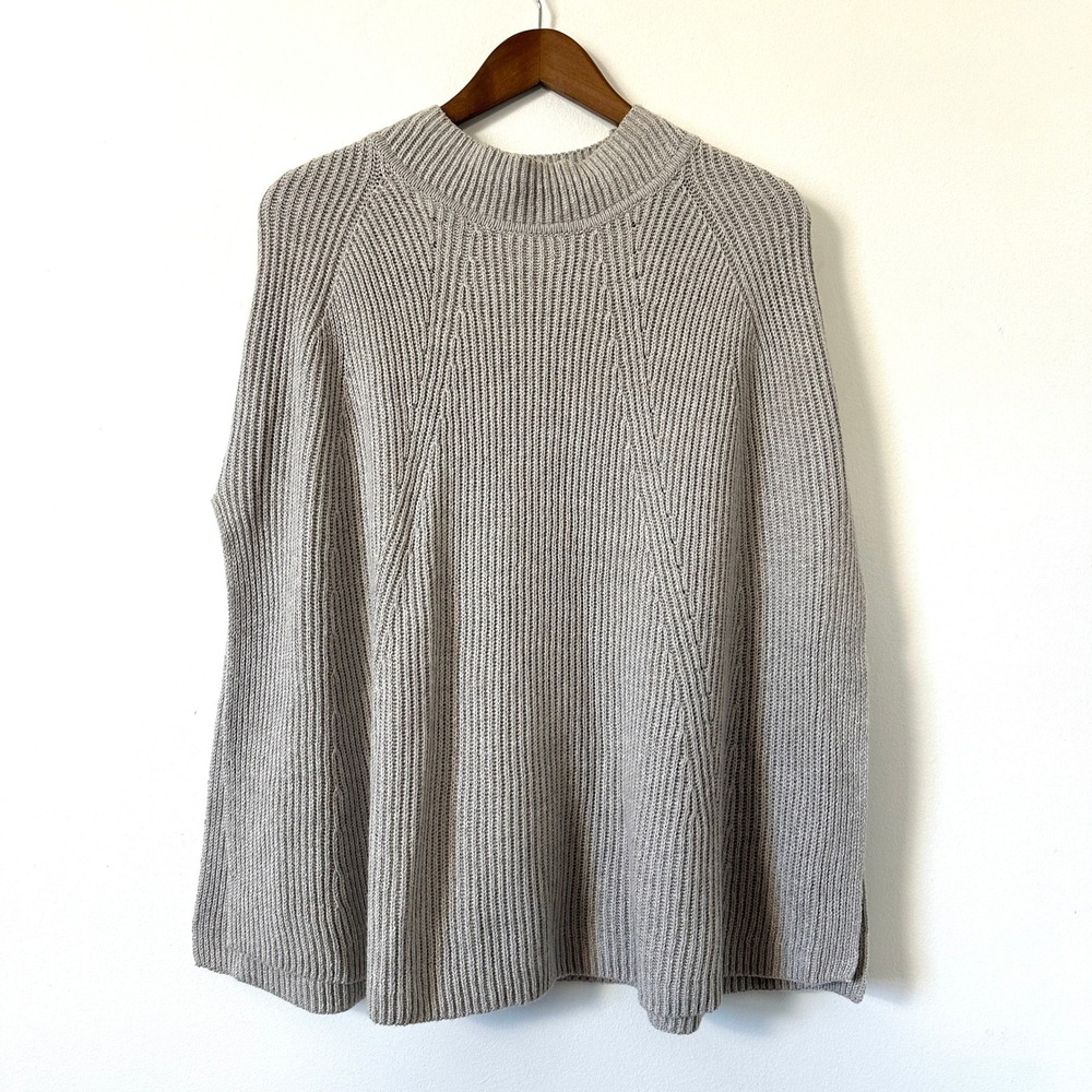 J. Jill Gray Mock Neck Poncho Sweater One‎ Size Ribbed Knit Cape Minimalist Cozy